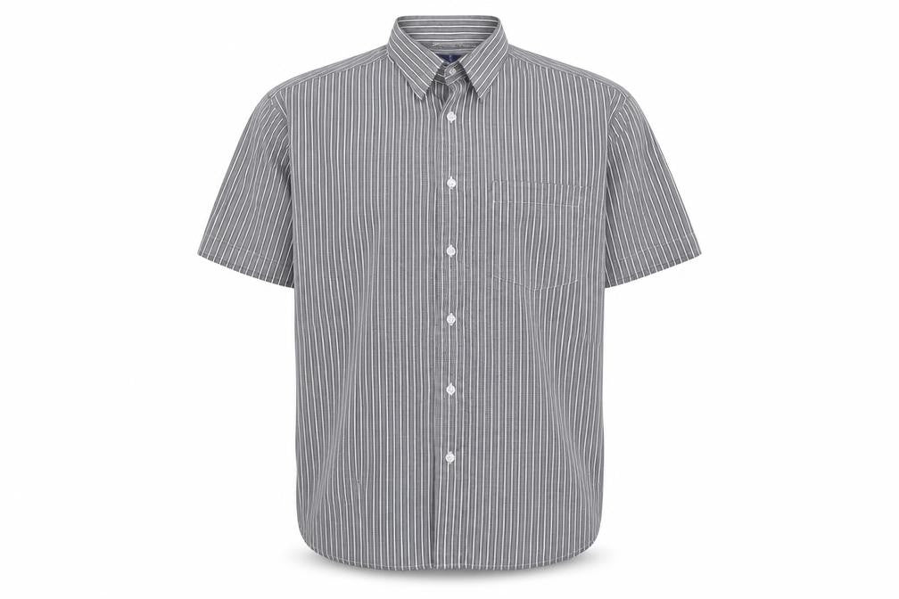 Front view of Rael Brook men’s grey striped polyester button-up, size L, collared button