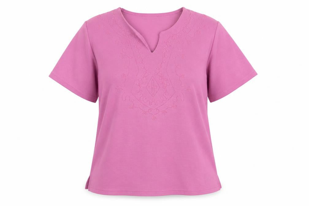 Front view of //Text... women’s pink v-neck herringbone polyester jumper, size M