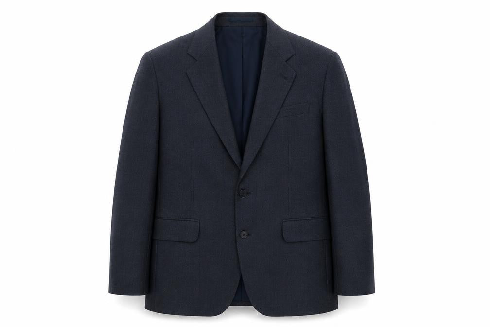 Front view of Wellington men’s blue wool jacket suit jacket, size L, regular