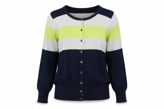 Front view of //Text... women’s multicoloured round neck striped viscose cardigan jumper, size L