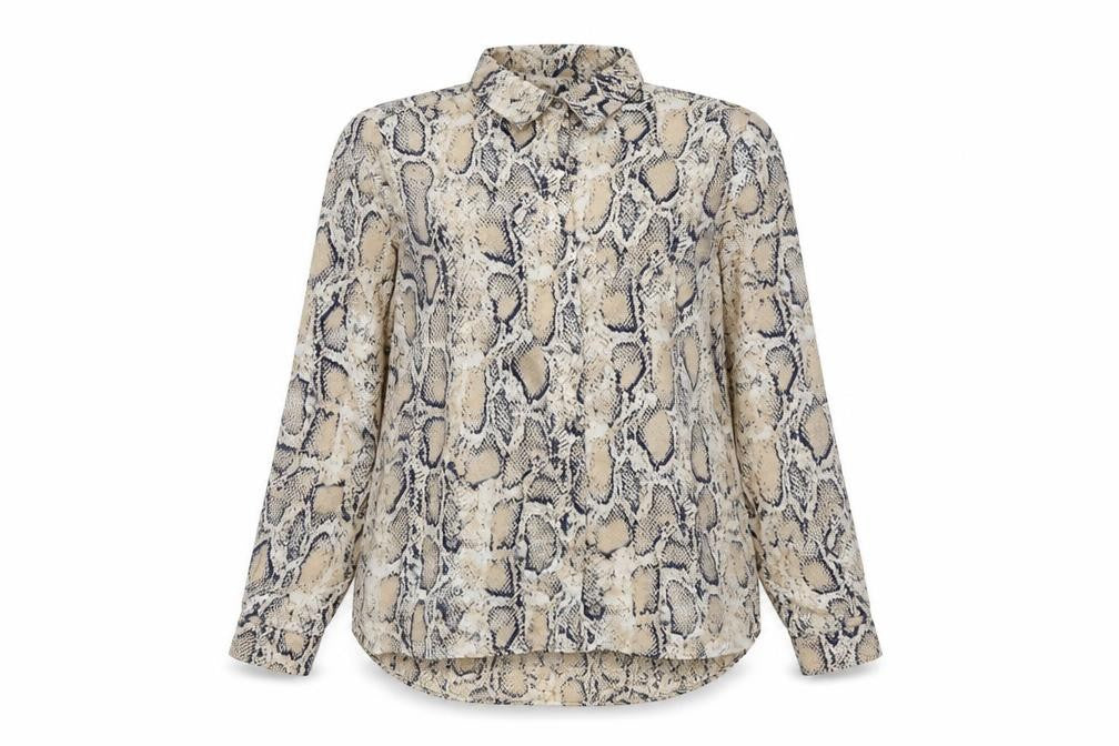 Front view of Selected women’s beige animal print polyester basic button-up, size UK 10, collared - snake skin print