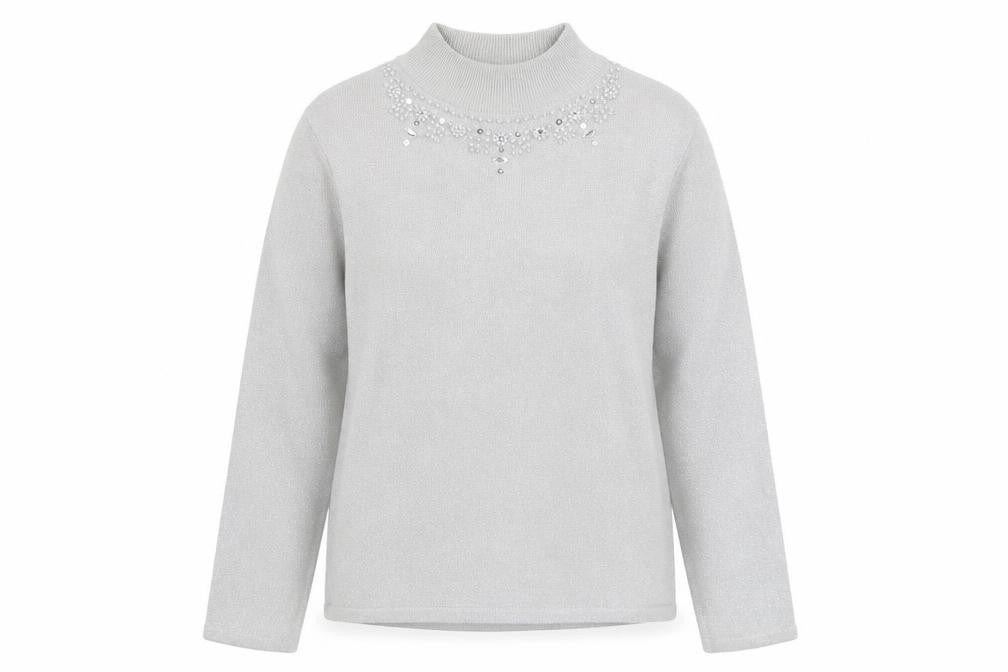 Front view of Bonmarché women’s silver round neck acrylic jumper, size S