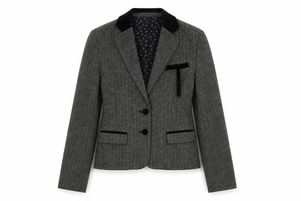 Front view of Mademoiselle women’s grey herringbone polyester jacket blazer, size UK 10
