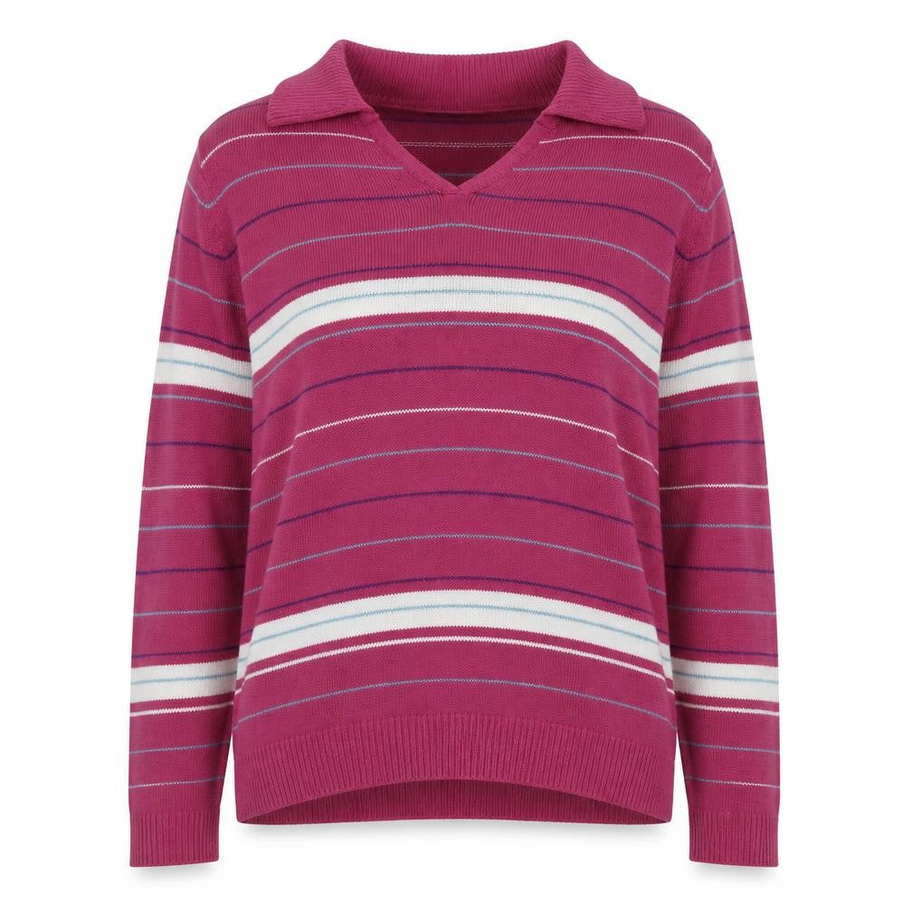 Front view of EWM women’s purple collared striped acrylic jumper, size UK 14
