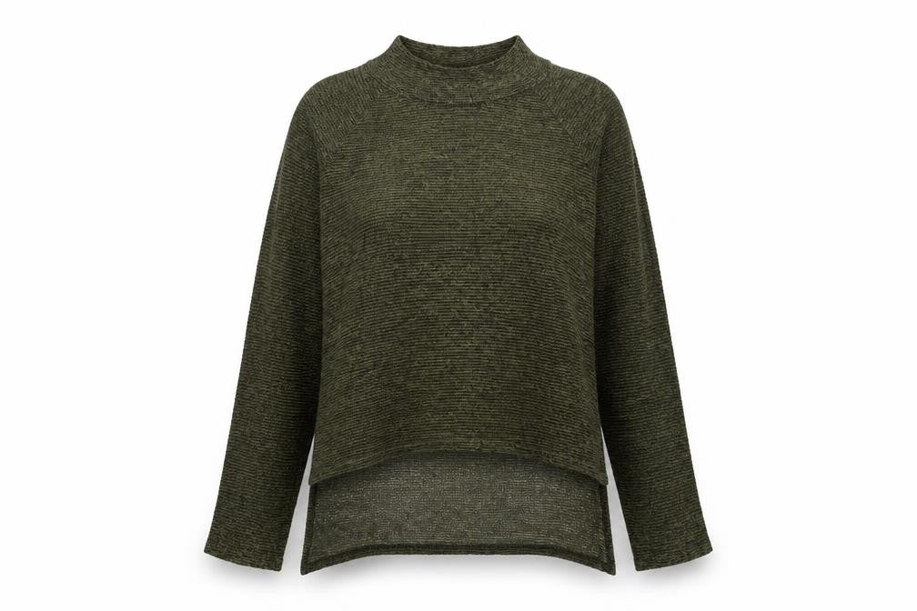 Front view of Decoy women’s green high neck acrylic jumper, size S