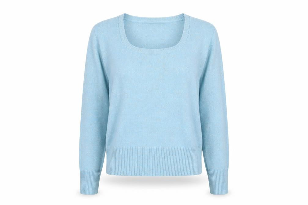 Front view of Liquid women’s blue square neck acrylic jumper, size L