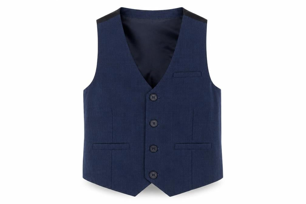 Front view of Next boys’ blue wool jacket waistcoat, size 5, years button