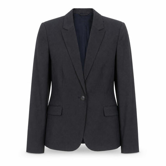 Front view of Mango women’s black striped polyester jacket suit jacket, size UK 12