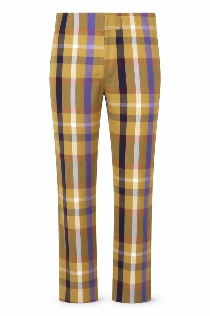 Front view of Monki women’s yellow plaid polyester trousers, size UK 4, regular zip