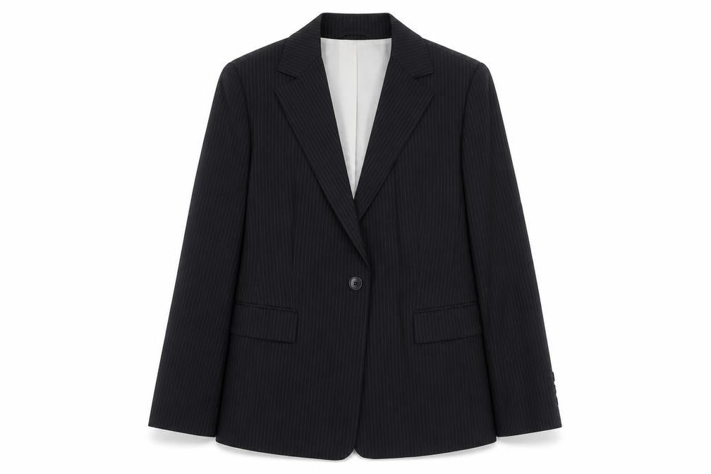 Front view of Dinomoda women’s black striped wool jacket suit jacket, size UK 10