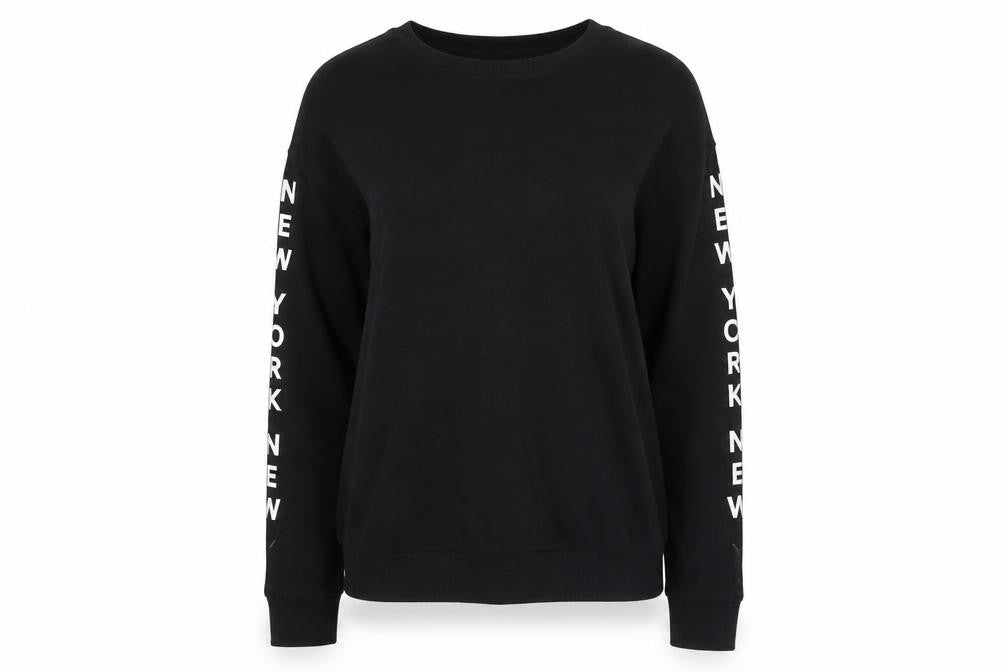 Front view of H&M women’s black cotton pullover sweatshirt, size S, pullover - new york