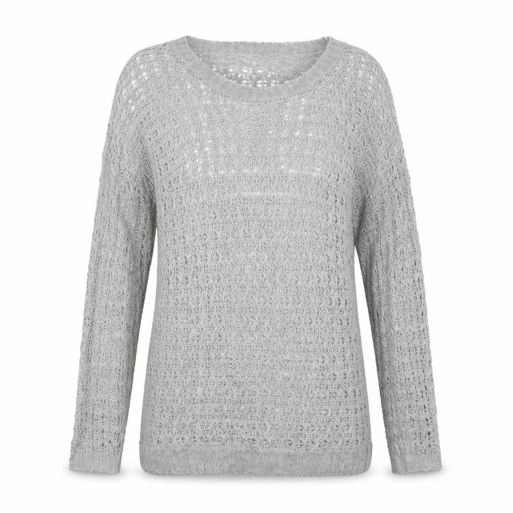 Front view of Atmosphere women’s grey round neck acrylic jumper, size UK 12