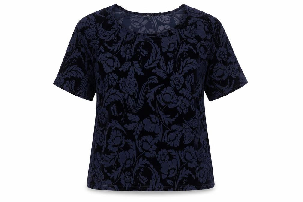 Front view of New Look women’s black geometric polyester basic t-shirt, size UK 10, round neck