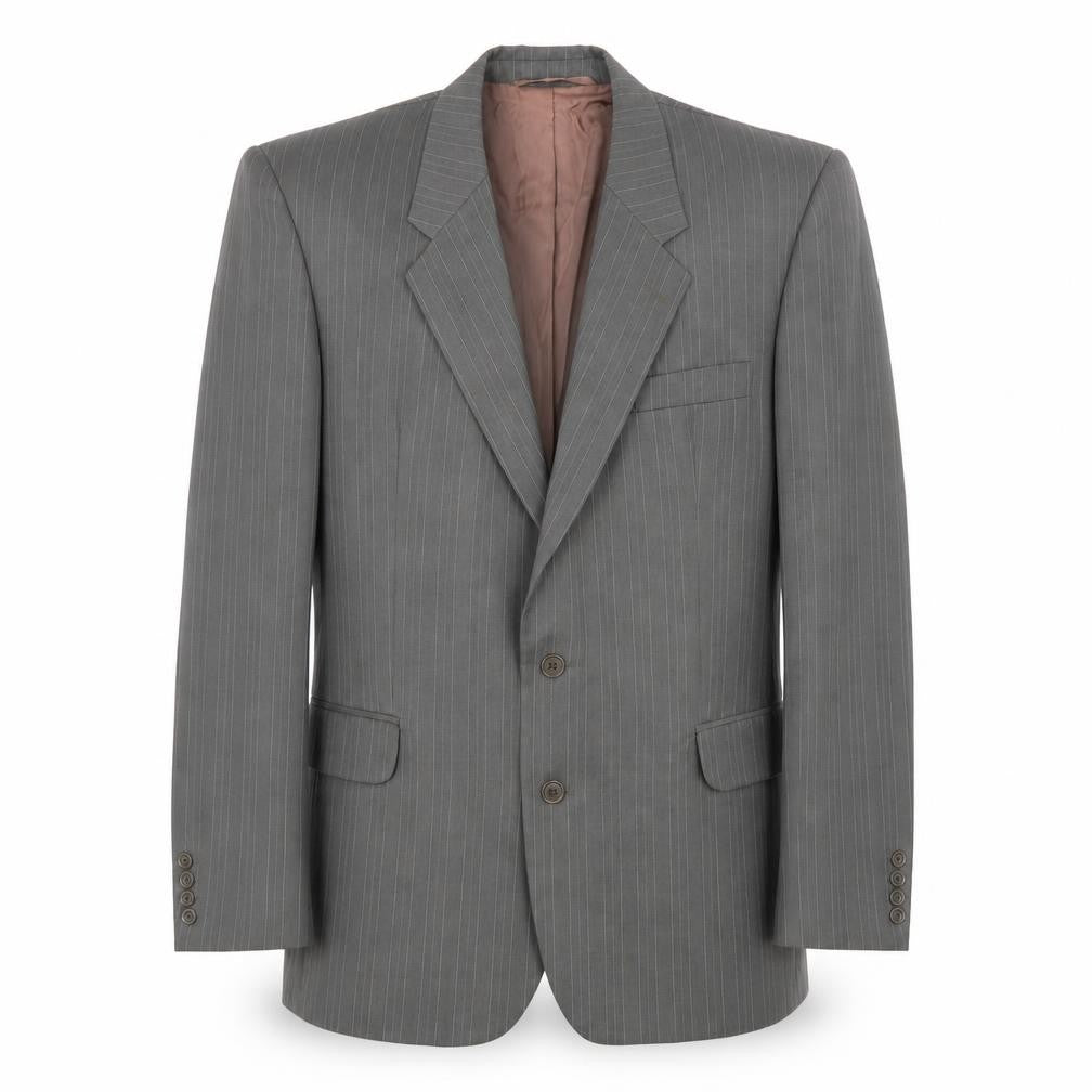Front view of Preworn men’s grey striped polyester jacket suit jacket, size 42, regular