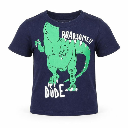 Front view of Primark boys’ blue cotton basic t-shirt, size 12-18, months round neck pullover - dinosaur