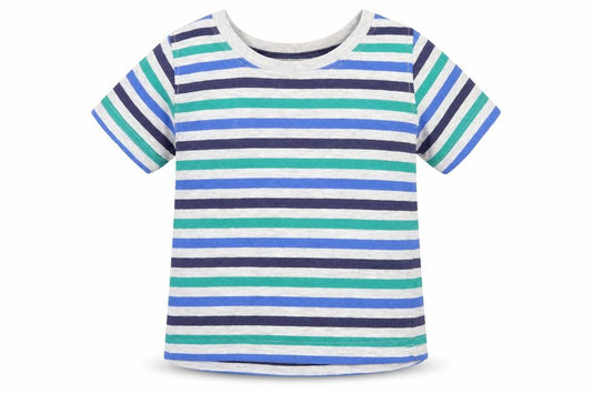 Front view of Rebel boys’ multicoloured striped cotton basic t-shirt, size 12-18, months round neck pullover