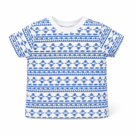 Front view of F&F boys’ blue geometric cotton basic t-shirt, size 3-6, months round neck button