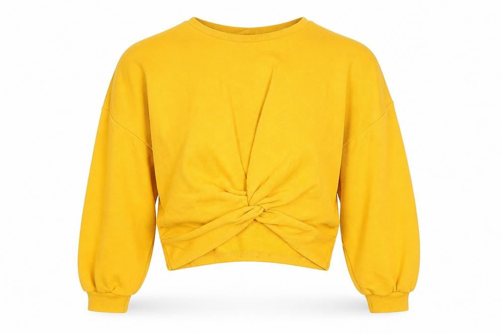 Front view of Divided women’s yellow cotton pullover sweatshirt, size S, pullover - knot front
