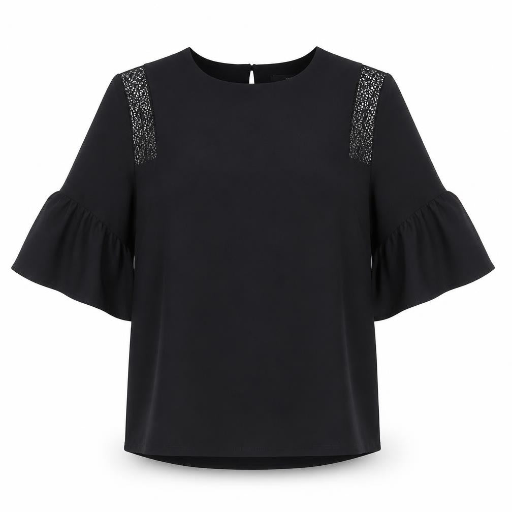 Front view of Next women’s black polyester basic blouse, size UK 8, boat neck - crocheted lace detail