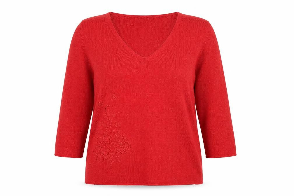 Front view of Emreco women’s red v-neck cotton jumper, size UK 10