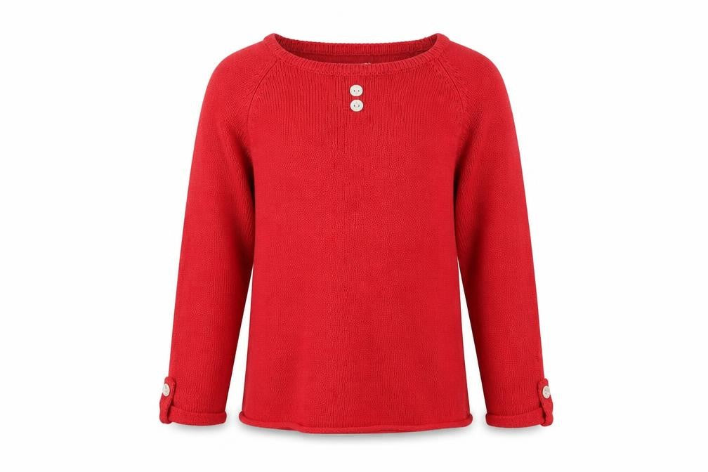 Front view of Essentiel girls’ red round neck acrylic jumper, size 4, years pullover
