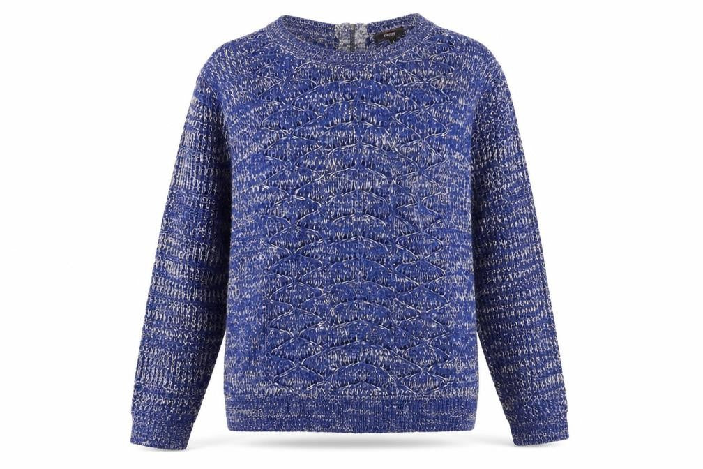 Front view of Therapy women’s blue boat neck acrylic jumper, size L