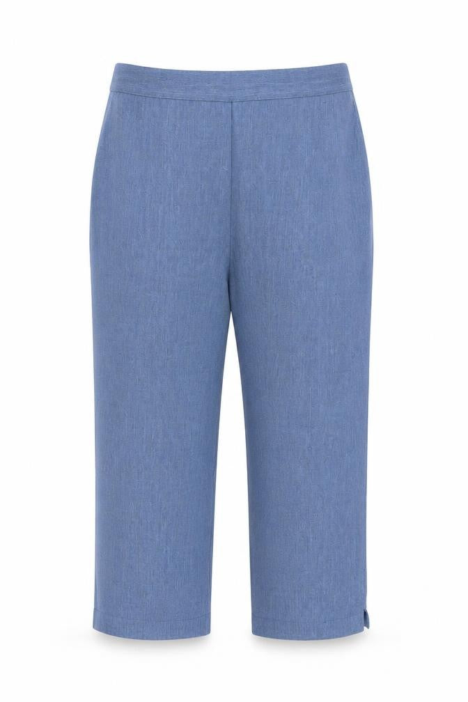 Front view of Arista women’s blue polyester cropped trousers, size UK 32, in regular