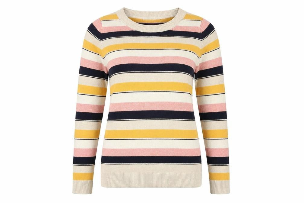 Front view of Next women’s multicoloured boat neck striped polyester jumper, size UK 14