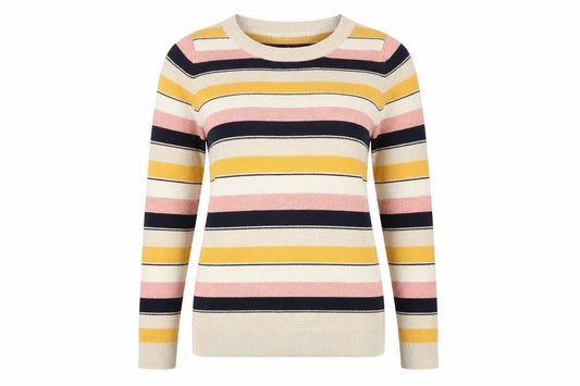 Front view of Next women’s multicoloured boat neck striped polyester jumper, size UK 14