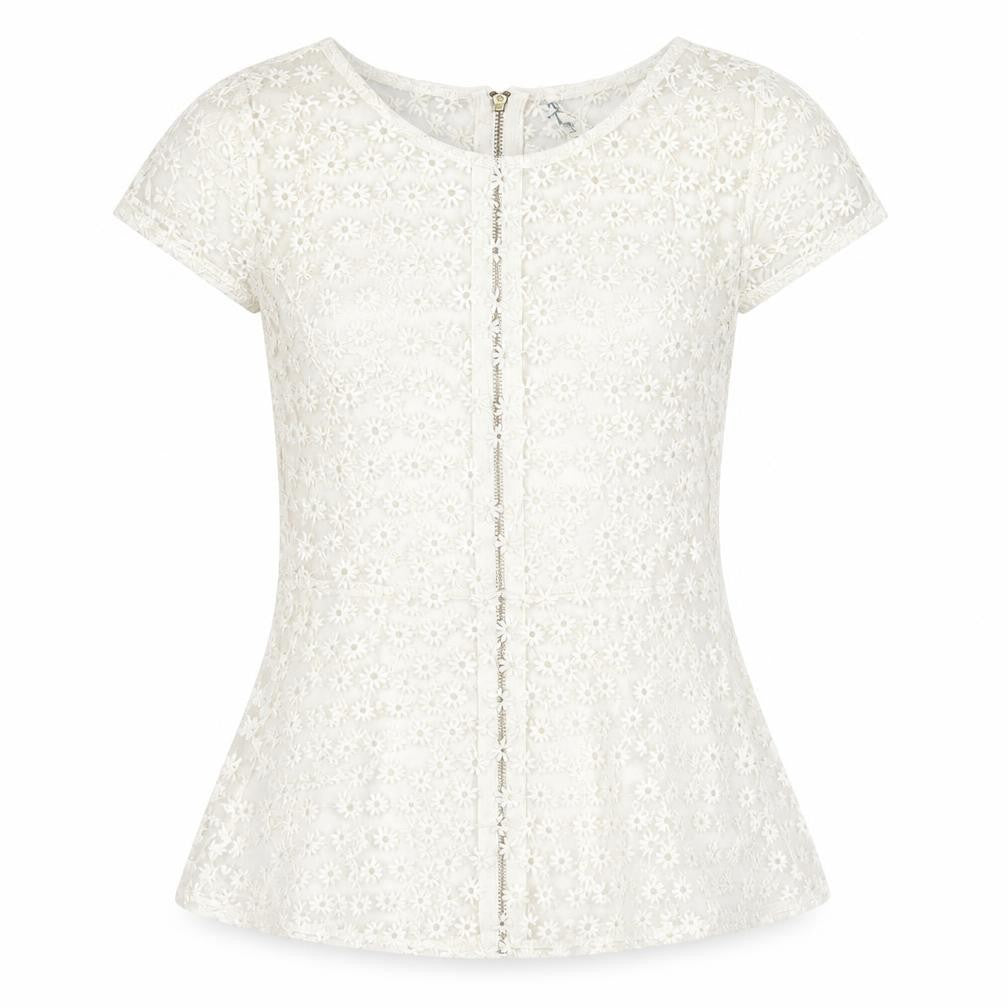 Front view of Preworn women’s white polyester basic blouse, size S, boat neck