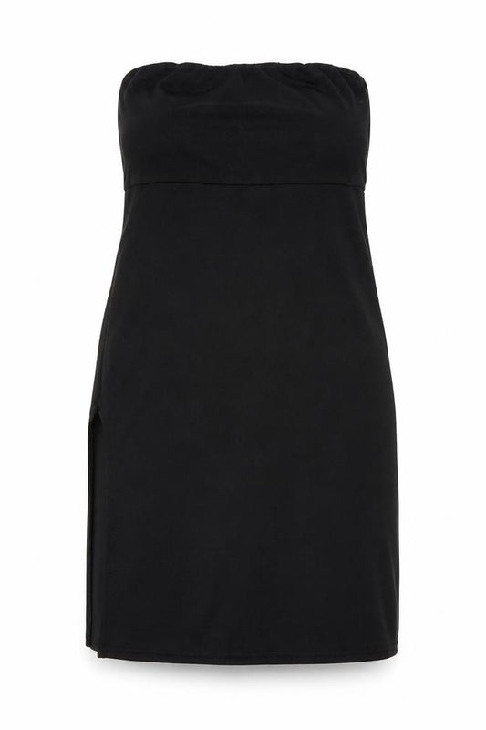 Front view of PRETTYLITTLETHING women’s black polyester tank dress, size UK 10, square neck pullover