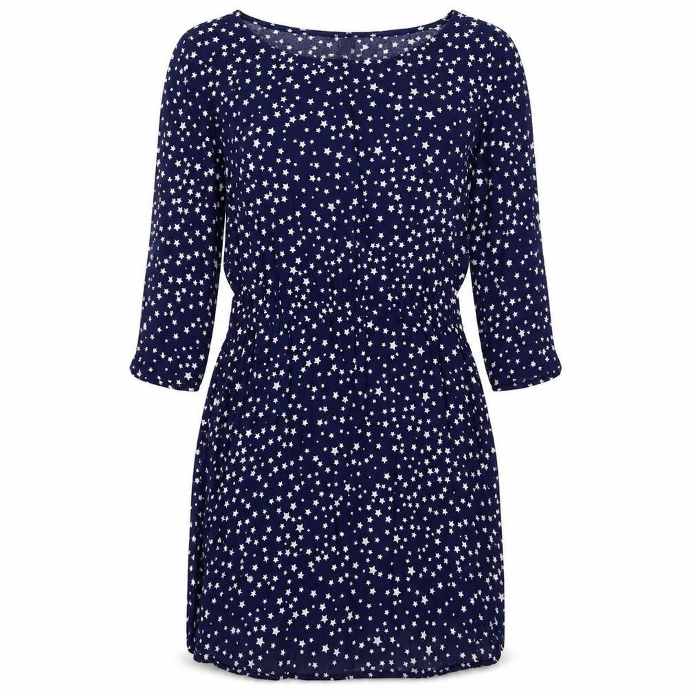 Front view of H&M women’s blue geometric viscose a-line, size UK 8, round neck pullover - star pattern