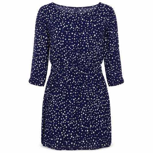 Front view of H&M women’s blue geometric viscose a-line, size UK 8, round neck pullover - star pattern