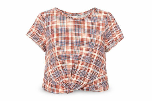 Front view of H&M women’s multicoloured plaid 100% cotton basic blouse, size M, round neck - twist detail