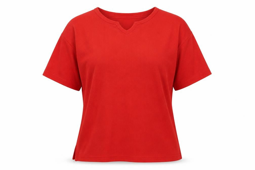 Front view of Paramour women’s red cotton basic t-shirt, size S, v-neck -, size S-m