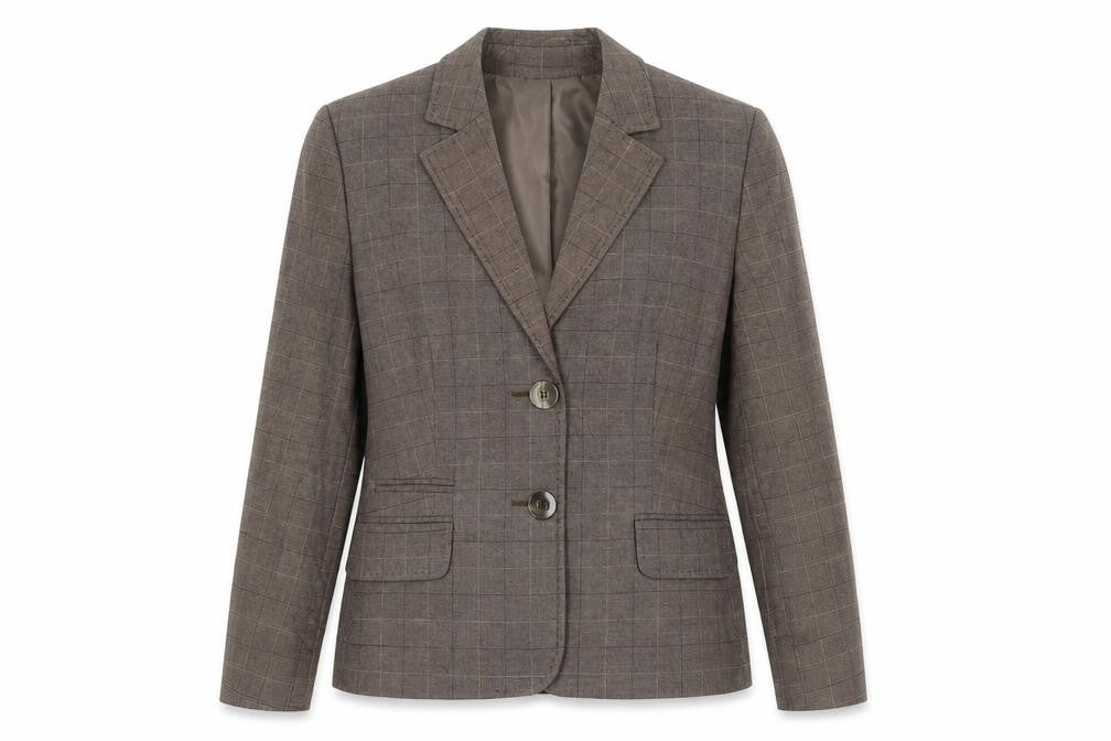 Front view of AMARANTO women’s brown plaid viscose jacket suit jacket, size UK 14