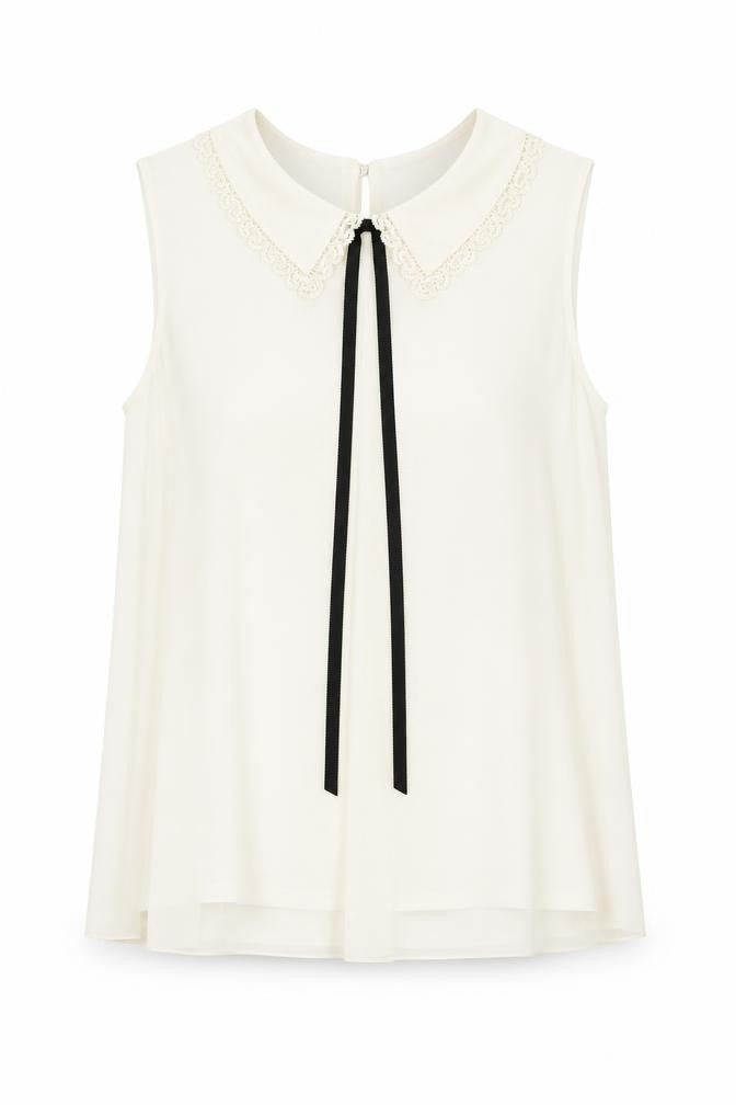 Front view of Topshop women’s beige polyester basic blouse, size UK 8, collared - tie neck detail