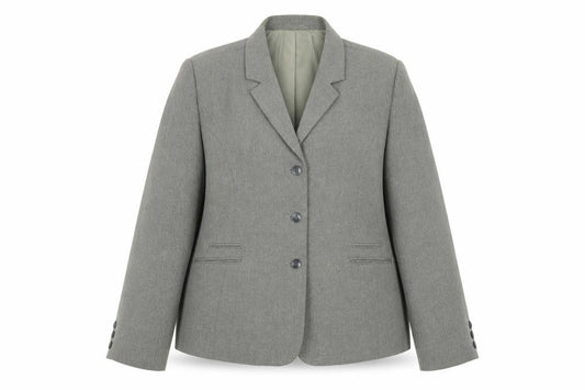 Front view of Pola women’s grey polyester jacket blazer, size UK 16, button