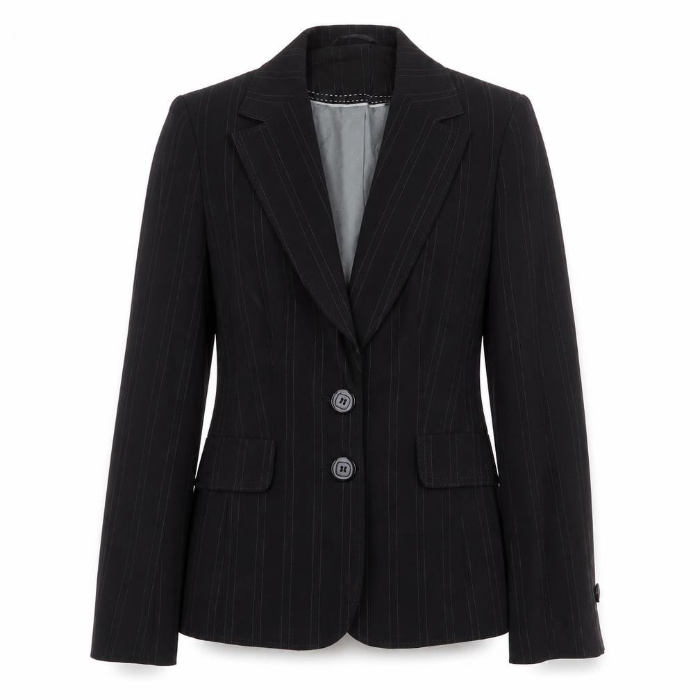 Front view of Autonomy women’s black striped polyester jacket suit jacket, size UK 8