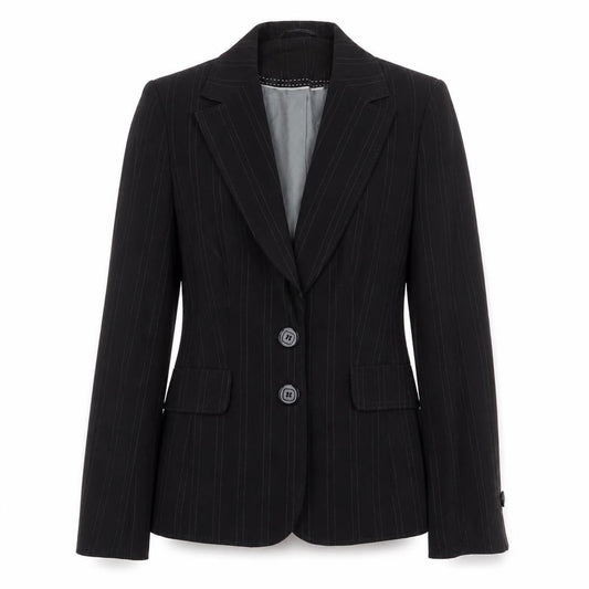Front view of Autonomy women’s black striped polyester jacket suit jacket, size UK 8