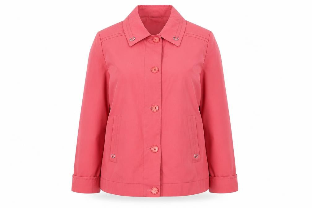 Front view of Dannimac women’s pink jacket, size UK 10, button