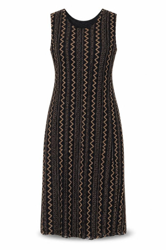 Front view of Madam Rage women’s black geometric viscose a-line, size UK 10, round neck zip