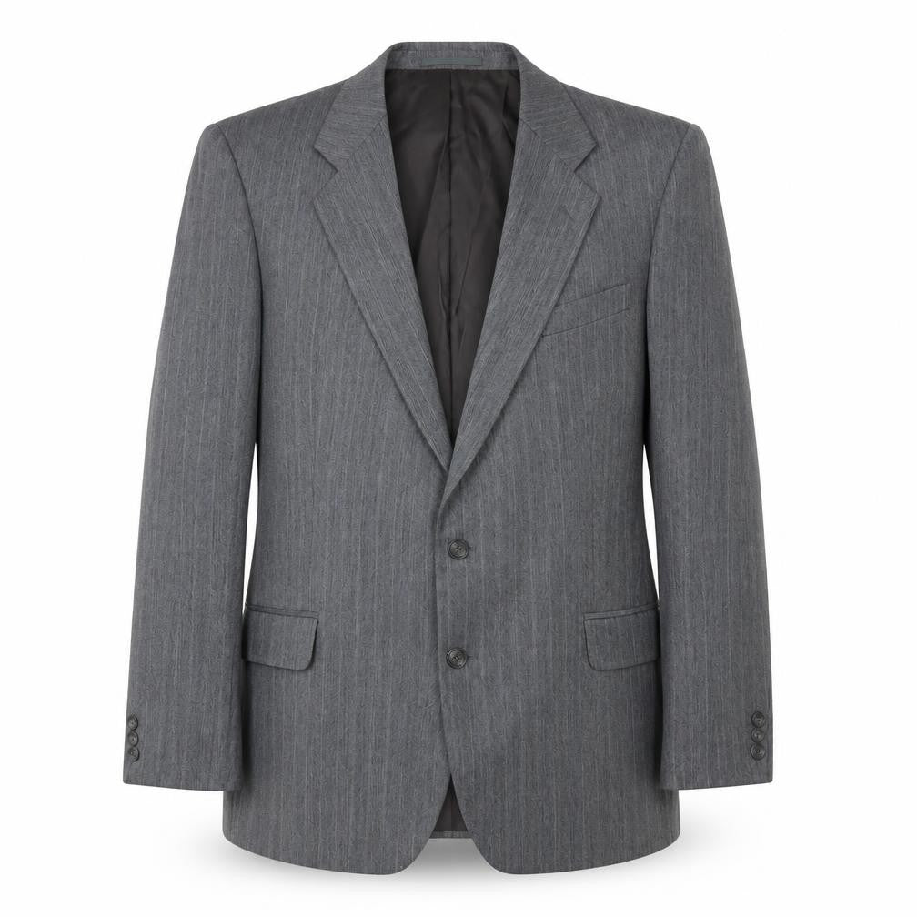 Front view of St Michael men’s grey striped polyester jacket suit jacket, size 44, regular