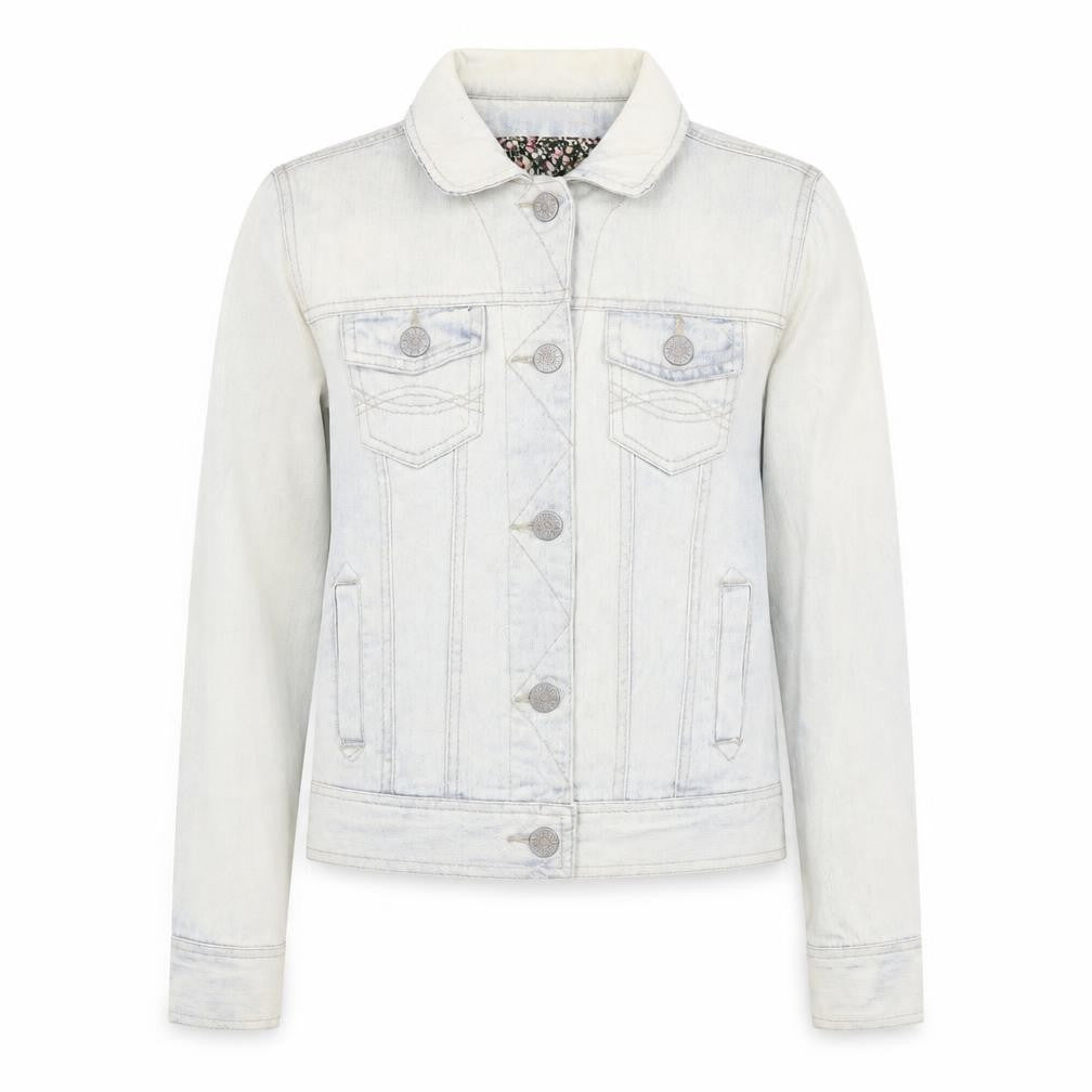 Front view of Denim & Co. women’s blue jacket, size UK 8, button