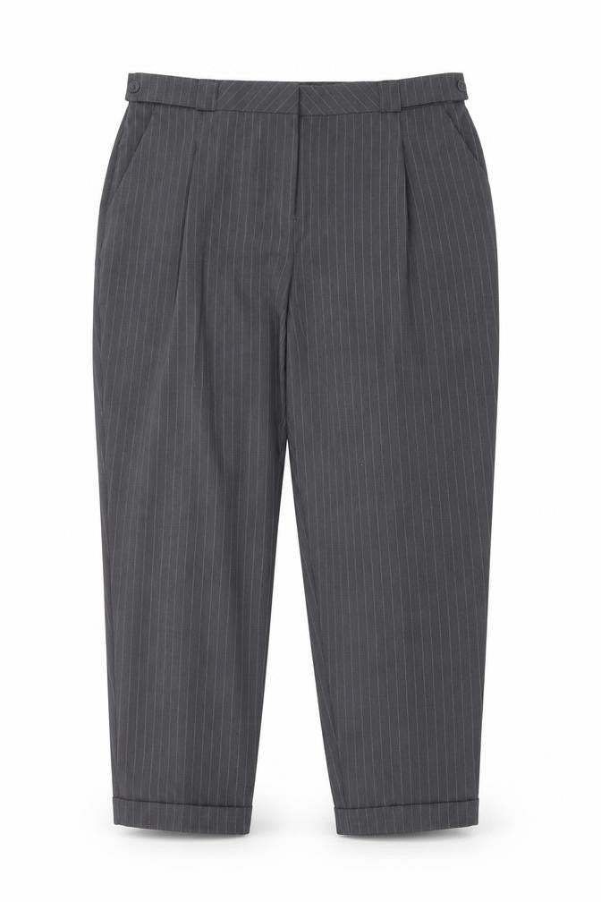 Front view of Very women’s grey striped polyester chino trousers, size UK 14, regular zip
