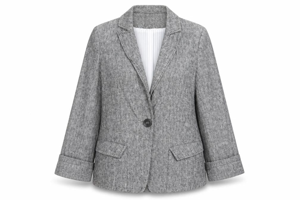 Front view of Atmosphere women’s grey jacket blazer, size UK 8, button