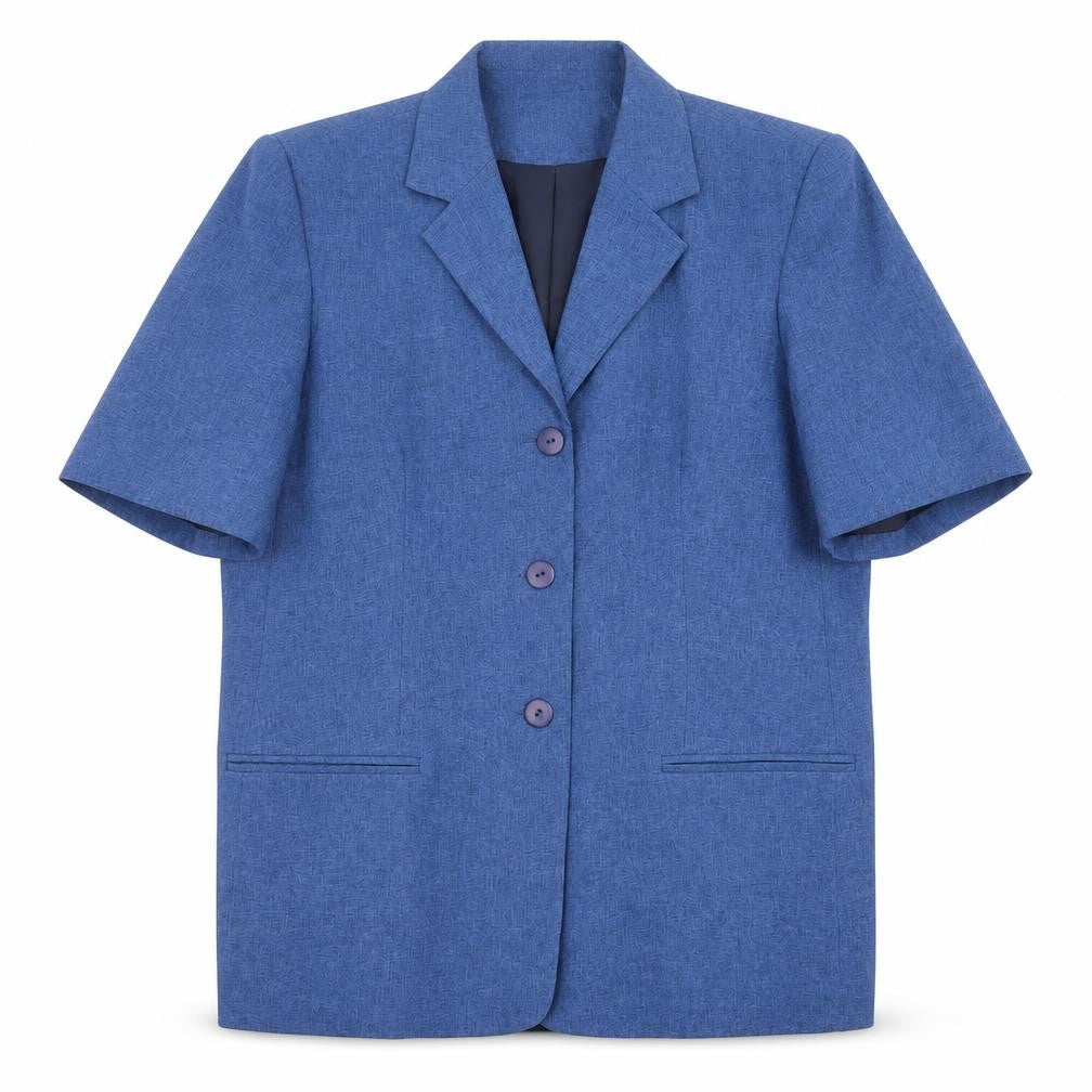 Front view of Bonmarché women’s blue polyester jacket blazer, size UK 14