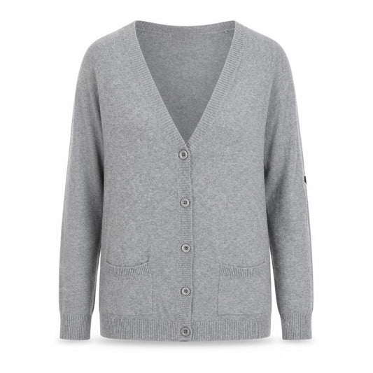 Front view of ASOS women’s grey v-neck cotton cardigan jumper, size UK 10