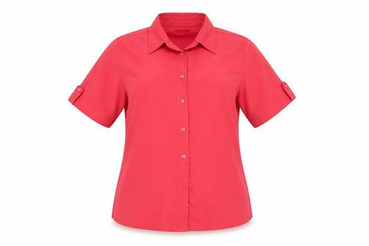 Front view of Silken Ladder women’s pink polyester basic button-up, size UK 10, collared