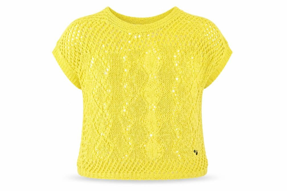 Front view of Next women’s yellow round neck geometric acrylic jumper, size S